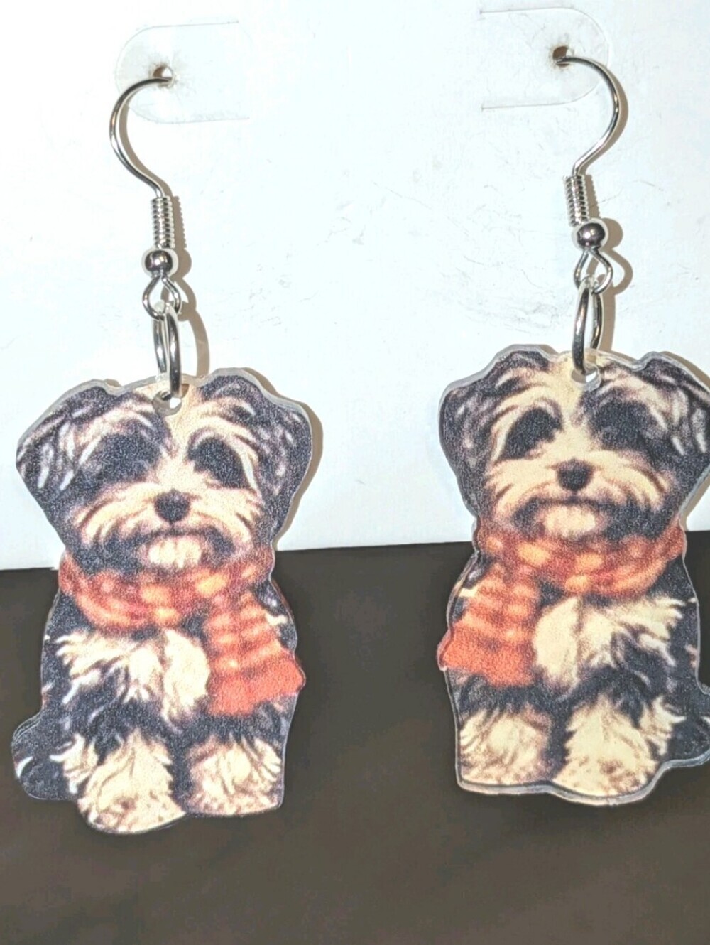 Hand Crafted Black, Cream and Orange Dog Scarf Drop Earrings